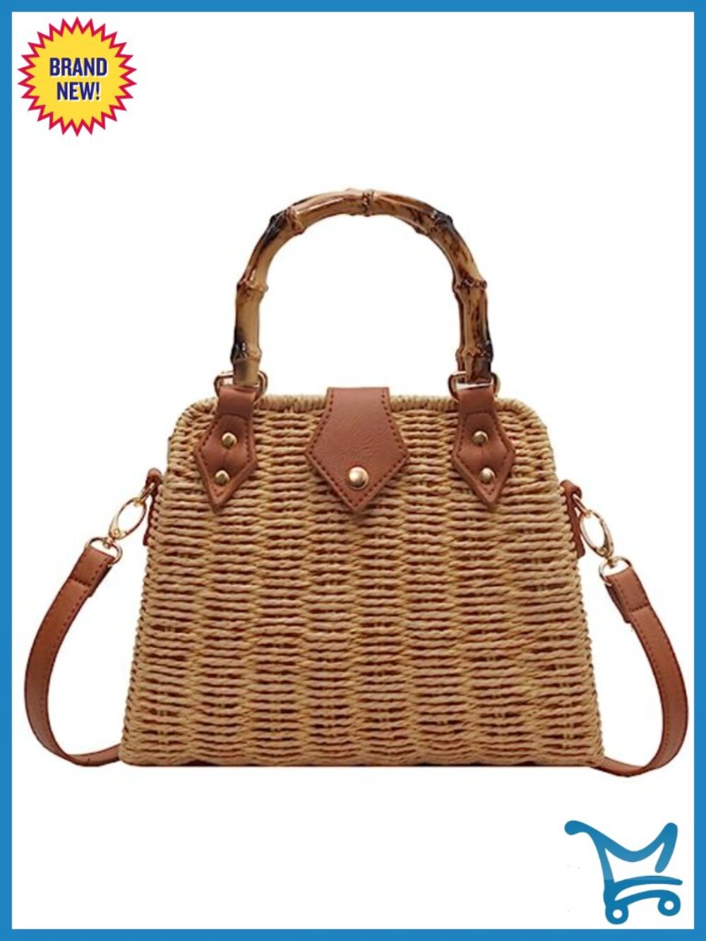 Straw Woven Crossbody Bag with PU Leather Trim, Detachable Strap